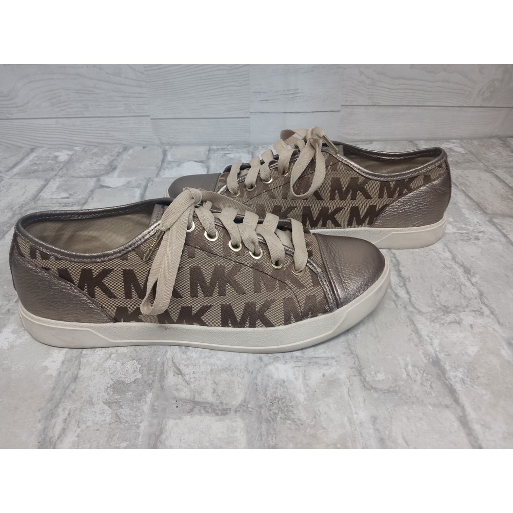 Michael Kors Women's Size 7.5 Brown/Tan/Gold Poppy‎ Little MK Logo Low Sneakers